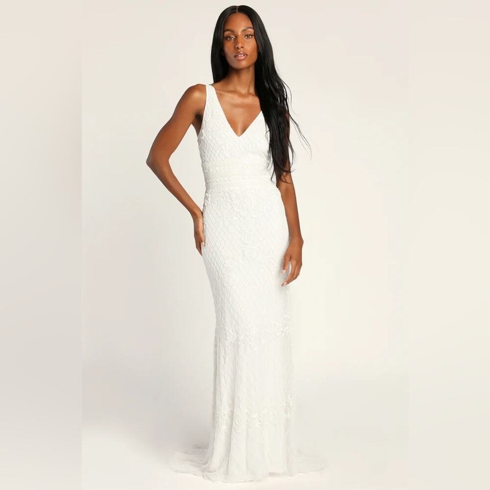Lulus Simple Romance White Beaded Sequin Mermaid Maxi Dress NWOT Small - Picture 2 of 9